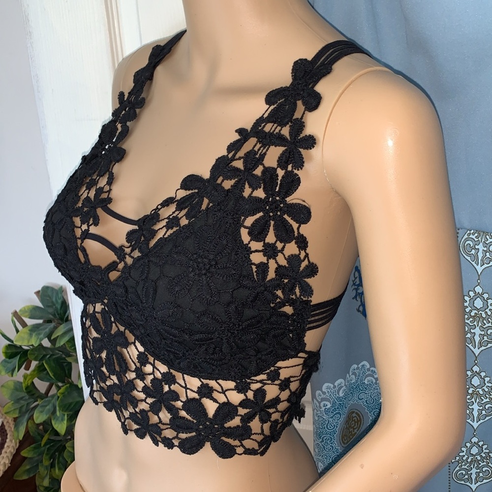 Black lace bra top crop bustier bralette flower cami